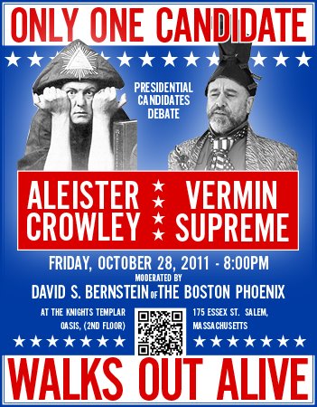Aleister Crowley vs. Vermin Supreme Debate graphic from the Boston Phoenix